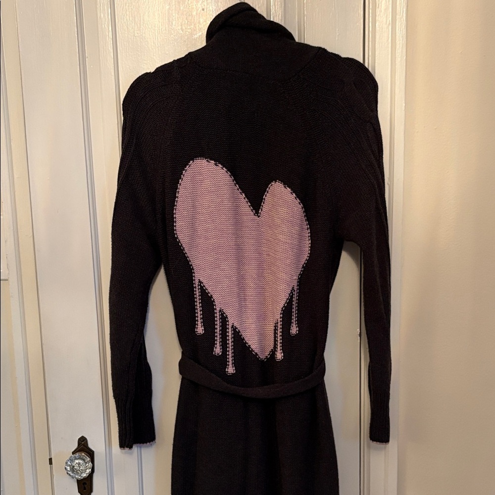 Kerri Rosenthal Dripping Heart Charcoal Cotton Cardigan Sz L EUC
